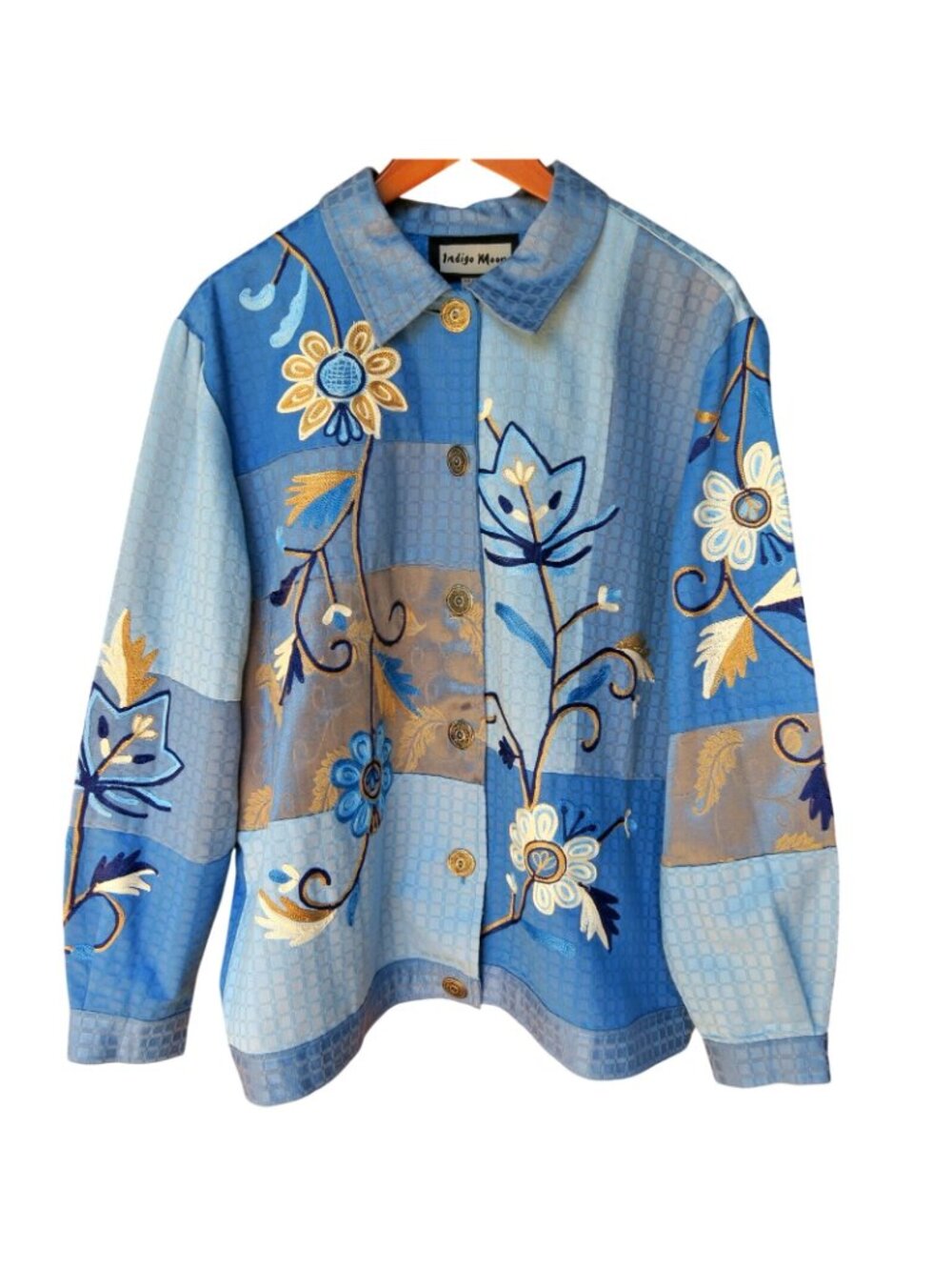 Indigo Moon Blue Patchwork Embroidered Jacket Lined Button Front Women’s Large - Picture 4 of 6